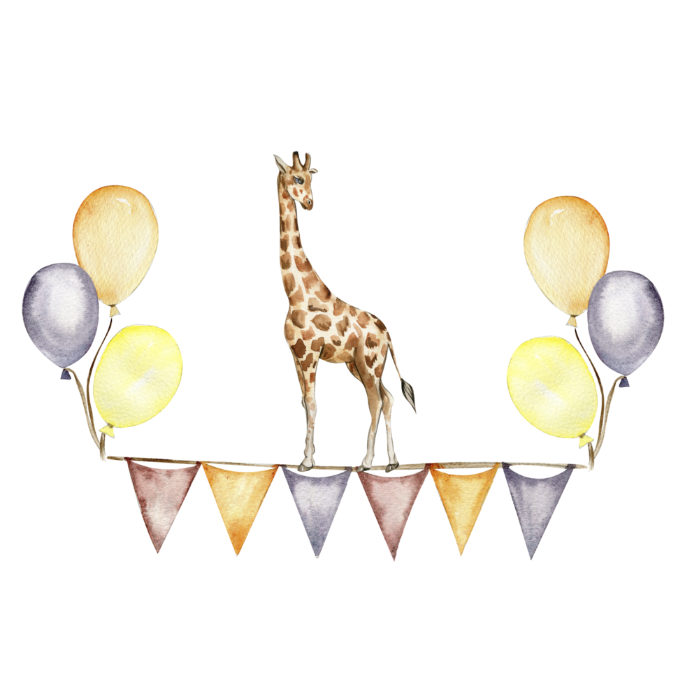 Watercolor hand painted cute giraffe with ballons. png