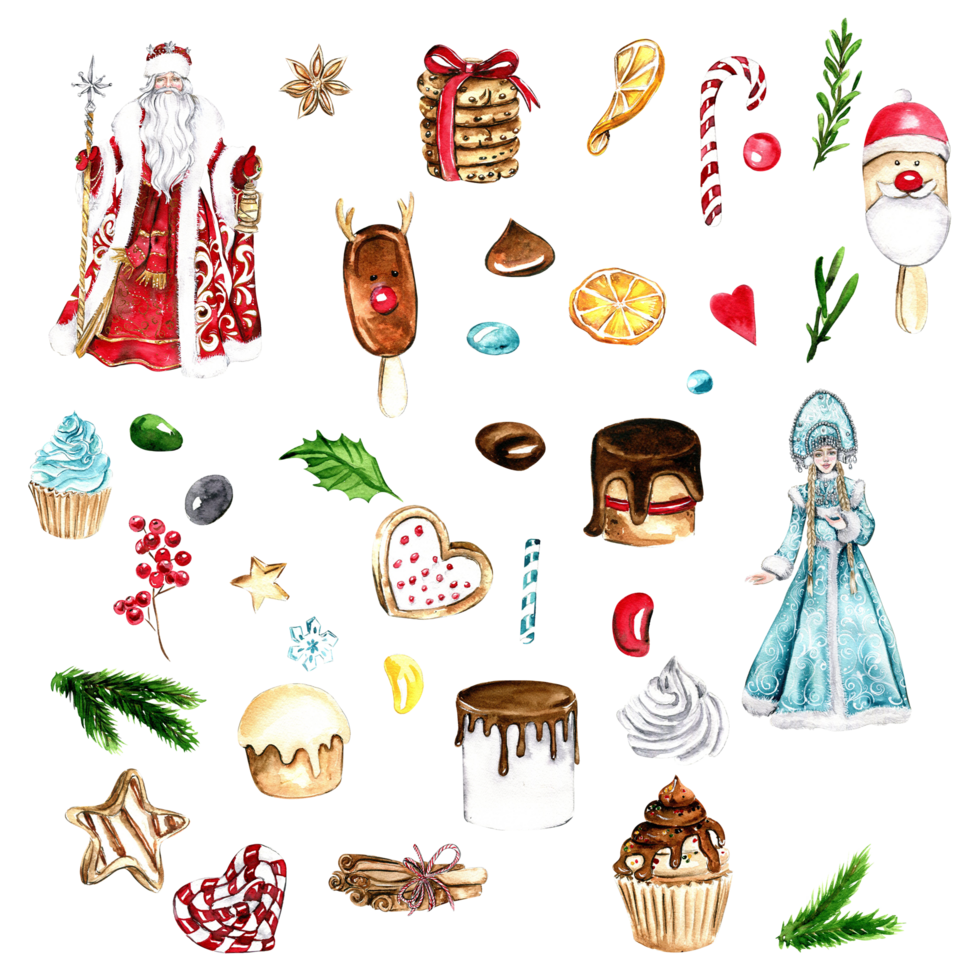 Set of elements for Christmas. Gifts, cupcake, cake,cookies,fir branches.Watercolor hand drawn illustration. Winter holiday. png