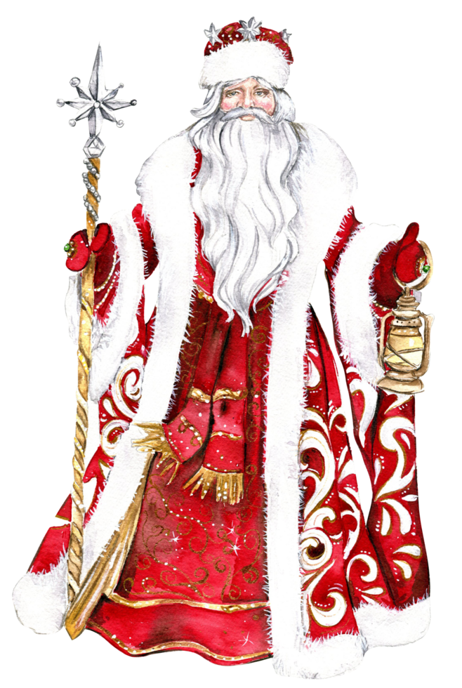 Watercolor illustration of Santa Claus with Christmas stick and lamp, Santa in Red coat with white ornament. png