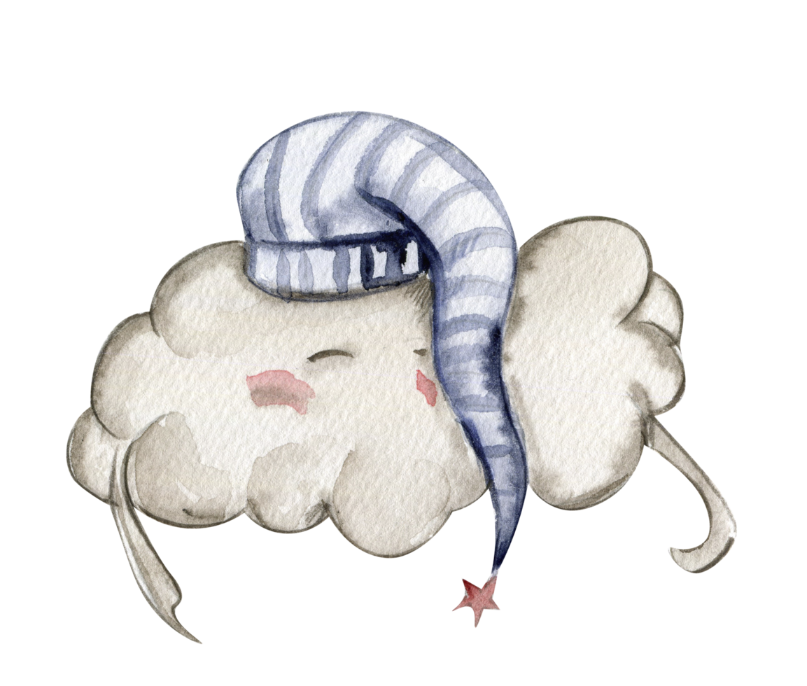 Watercolor hand drawn  white sleeping clouds in cartoon style. png