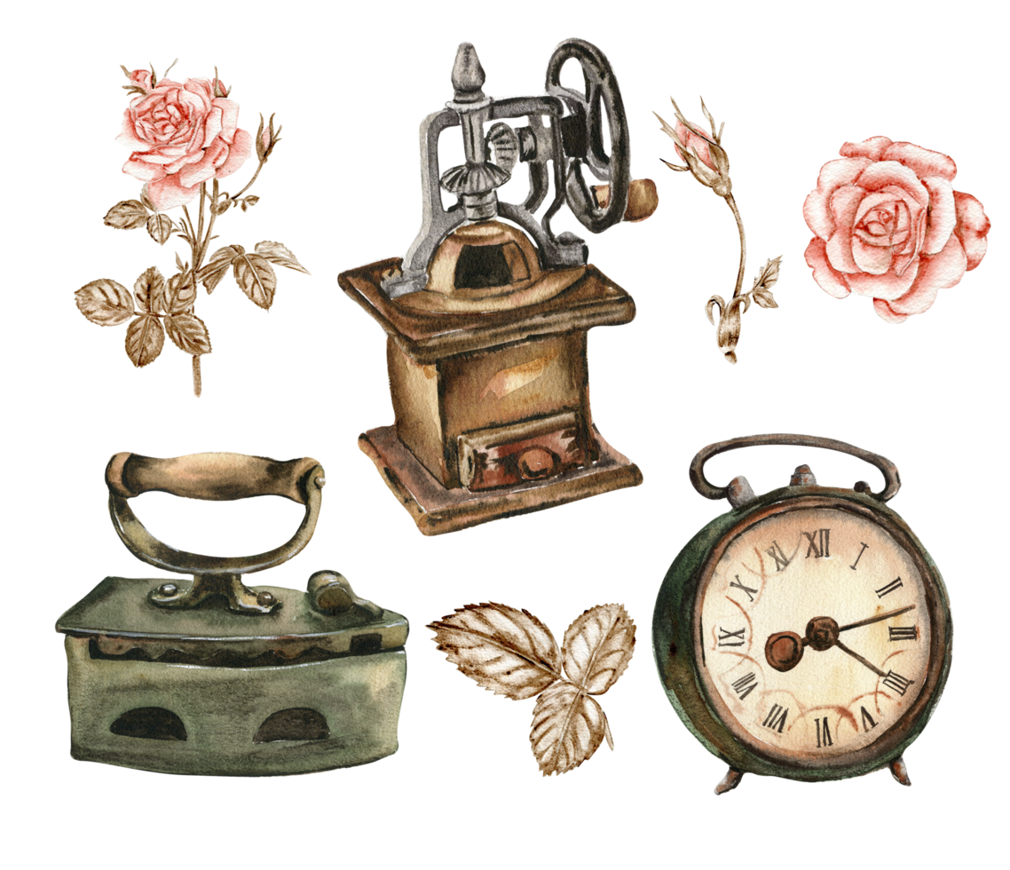 Watercolor illustration set of old rusty elements with roses flowers. png