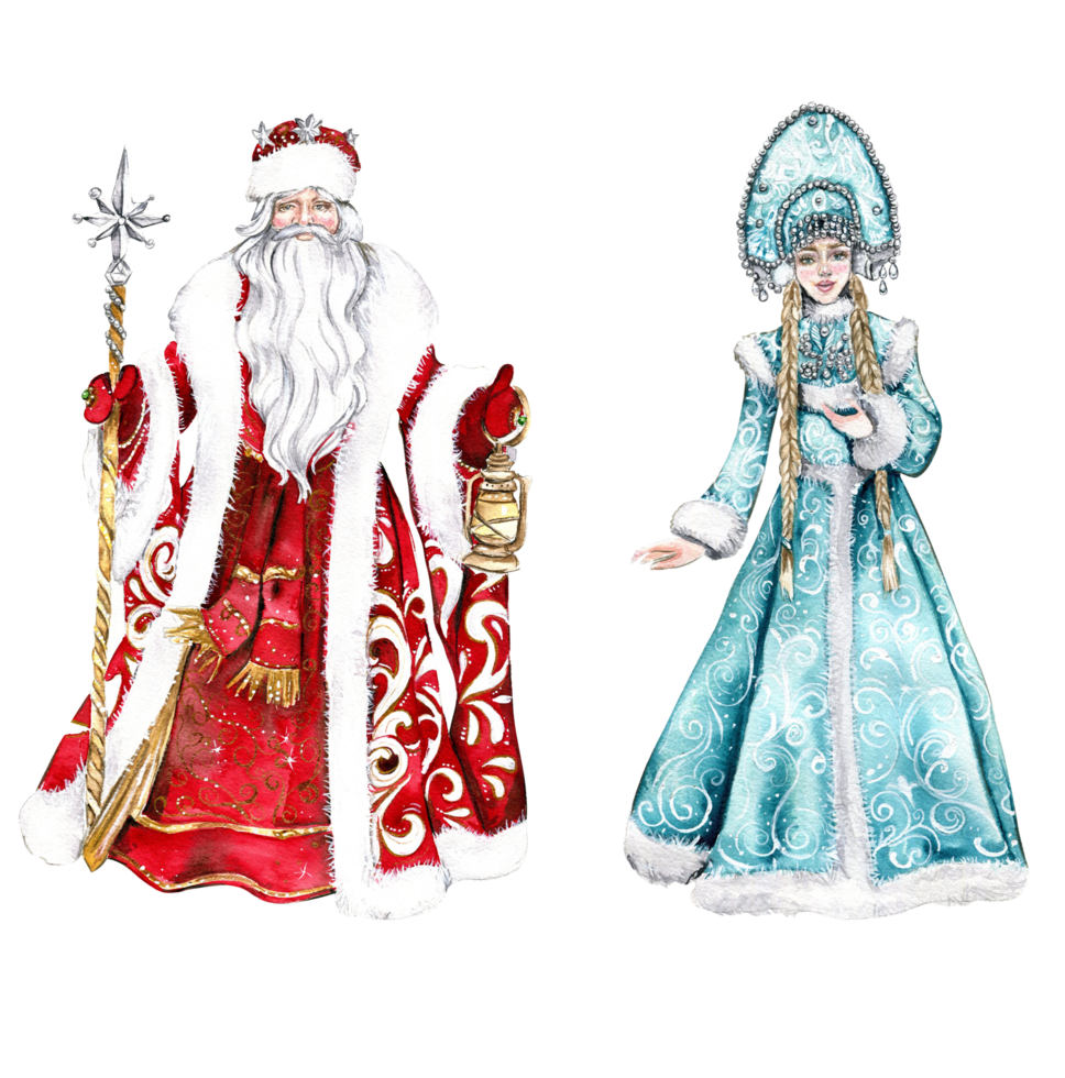 Watercolor illustration of Santa Claus with Christmas stick,long white beard and lamp in hands in Red coat with white ornament and Snow Maiden in a blue dress.Russian Santa Claus and his granddaughter png