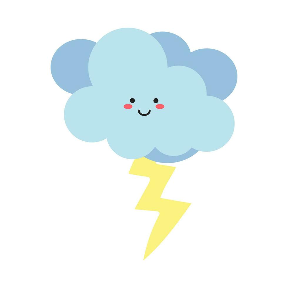 Vector set of cute weather characters - clouds, , thunderstorm, tornado, snow, rain, and crescent moon. Kawaii weather characters isolated on a white background. Vector illustration of flat style