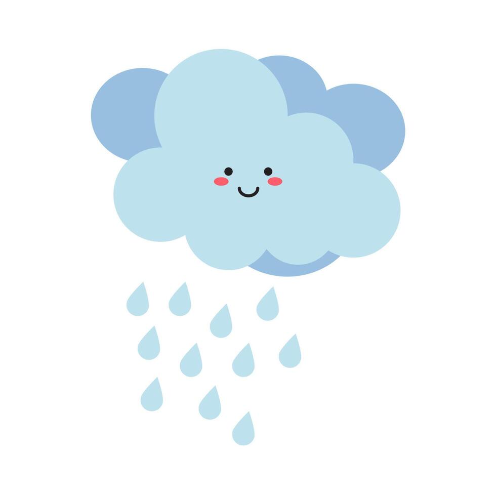 Vector set of cute weather characters - clouds, , thunderstorm, tornado, snow, rain, and crescent moon. Kawaii weather characters isolated on a white background. Vector illustration of flat style