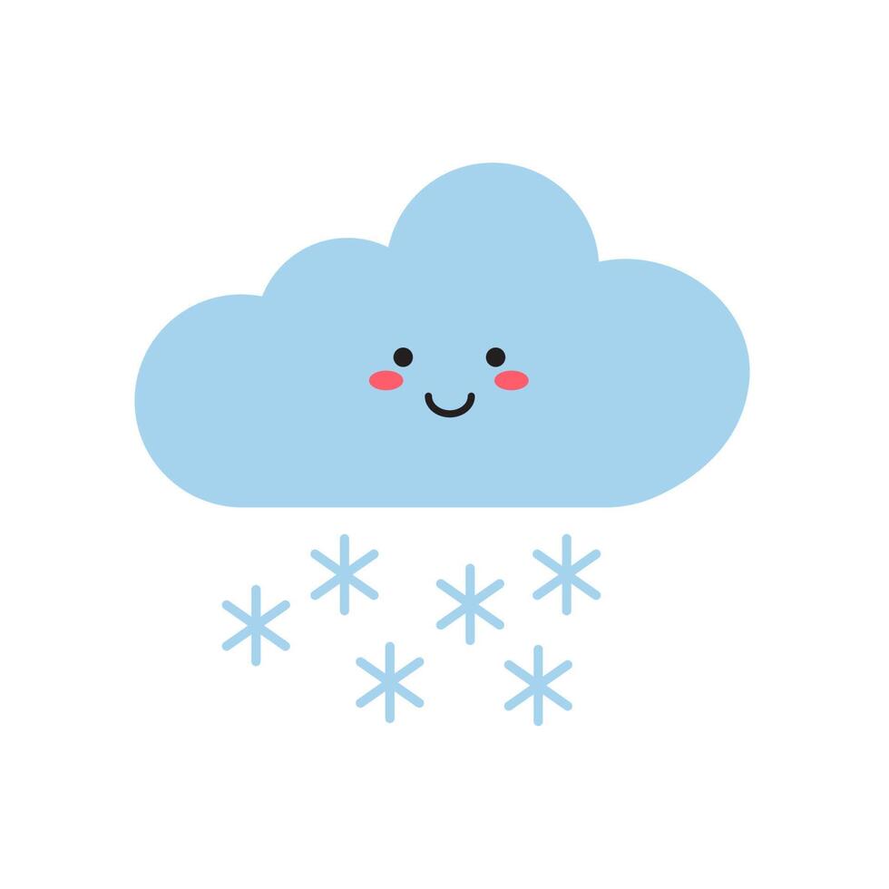 Vector set of cute weather characters - clouds, , thunderstorm, tornado, snow, rain, and crescent moon. Kawaii weather characters isolated on a white background. Vector illustration of flat style