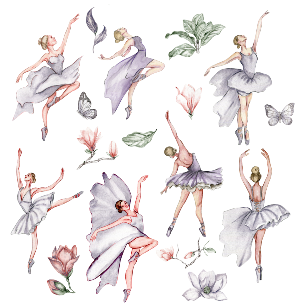 Watercolor dancing ballerina with butterfly set. png