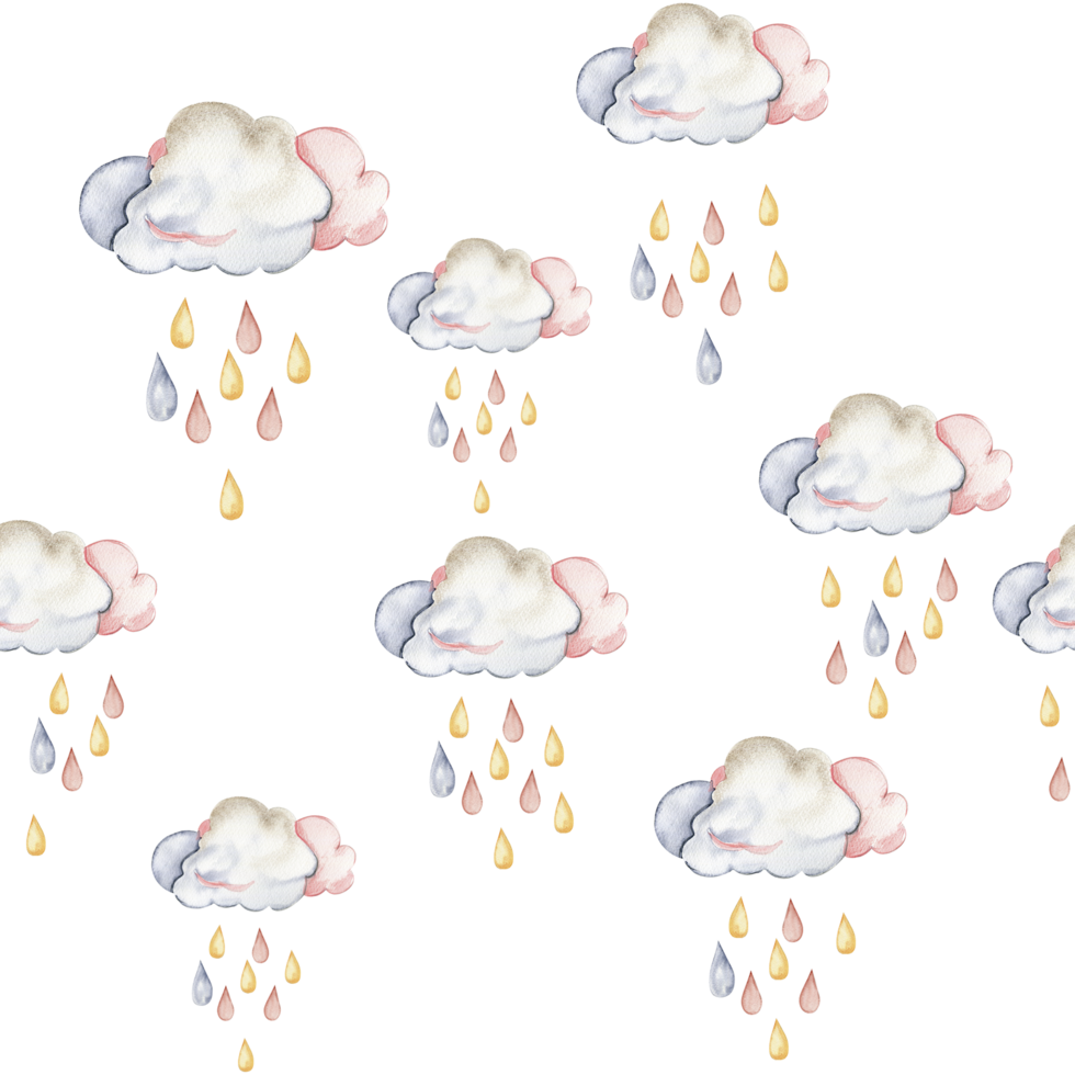 Watercolor hand painted clowds and drops seamless pattern. png