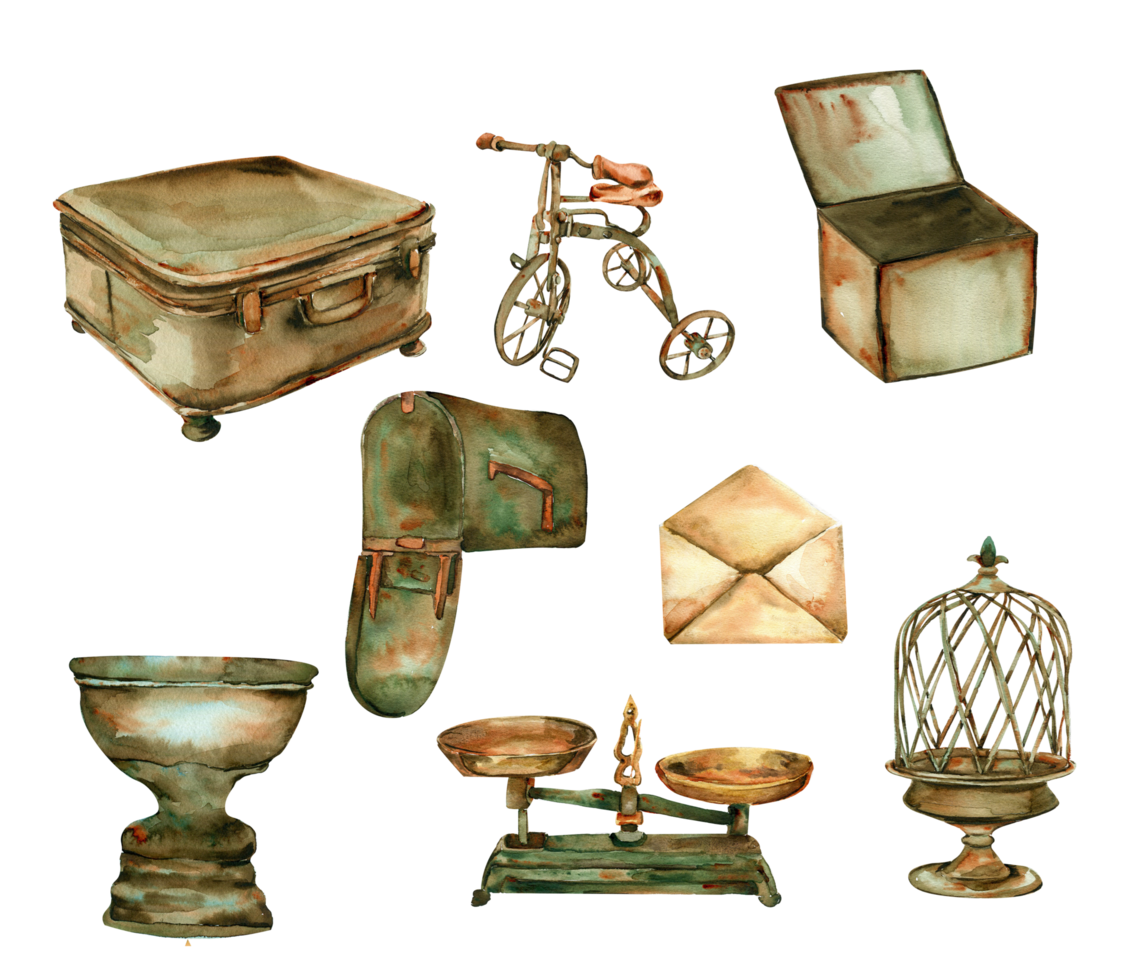 Watercolor illustration of old rusty green elements png