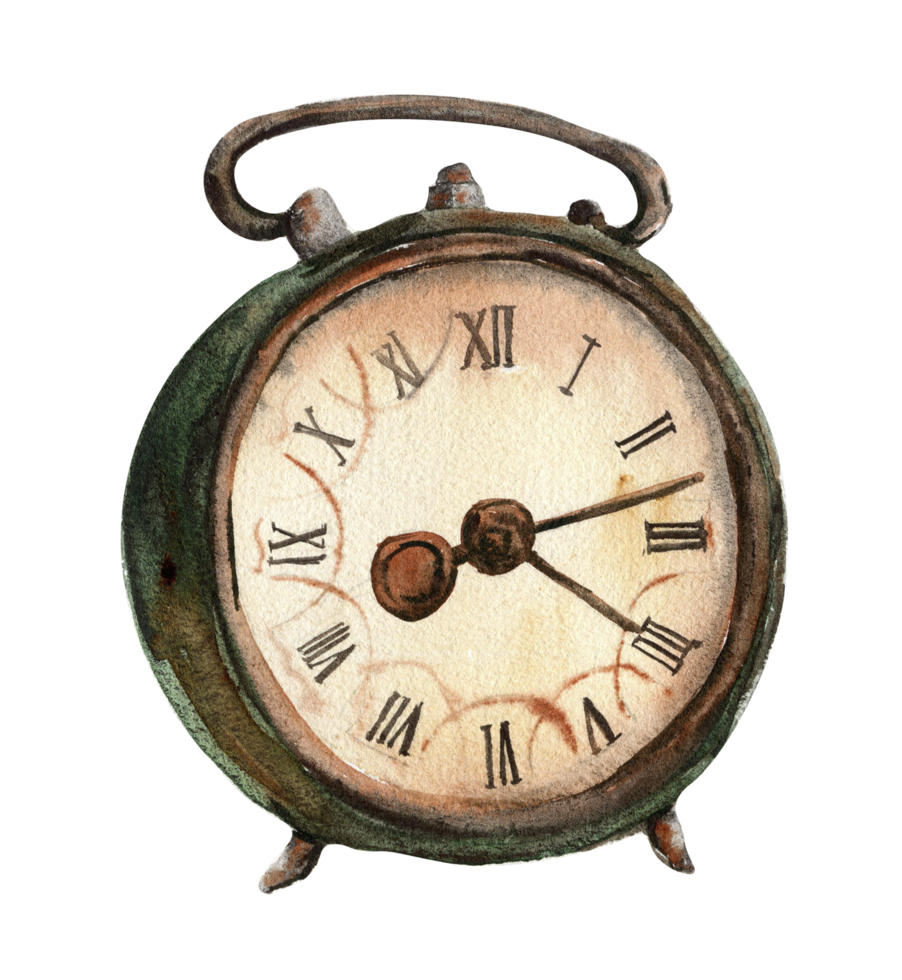 Watercolor illustration of old rusty green clock. png