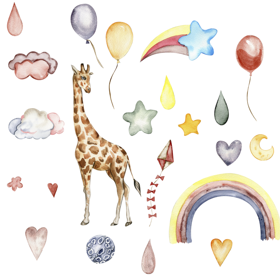 Watecolor hand drawn giraffe illustration and rainbow png