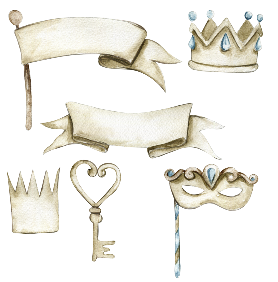 Watercolor hand painted party celebration elements. Old looking stickers and crown. png