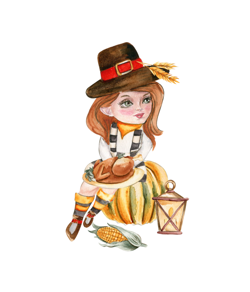 Composition of an autumn girl gnome and thanksgiving turkey. Hand drawn illustration of autumn. Perfect for scrapbooking, kids design, wedding invitation, posters, greetings cards, party decoration. png