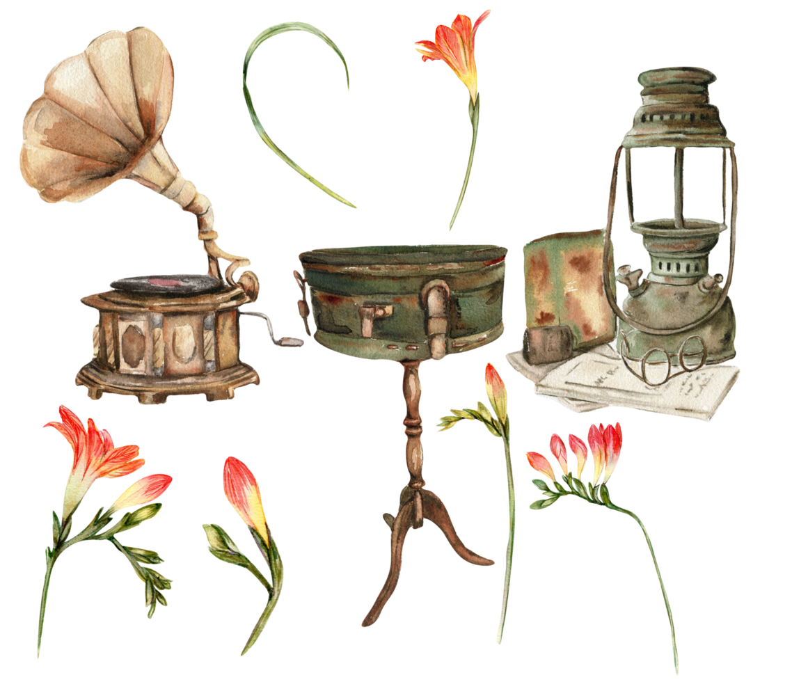 Watercolor illustration set of old rusty elements with freesia flowers. png