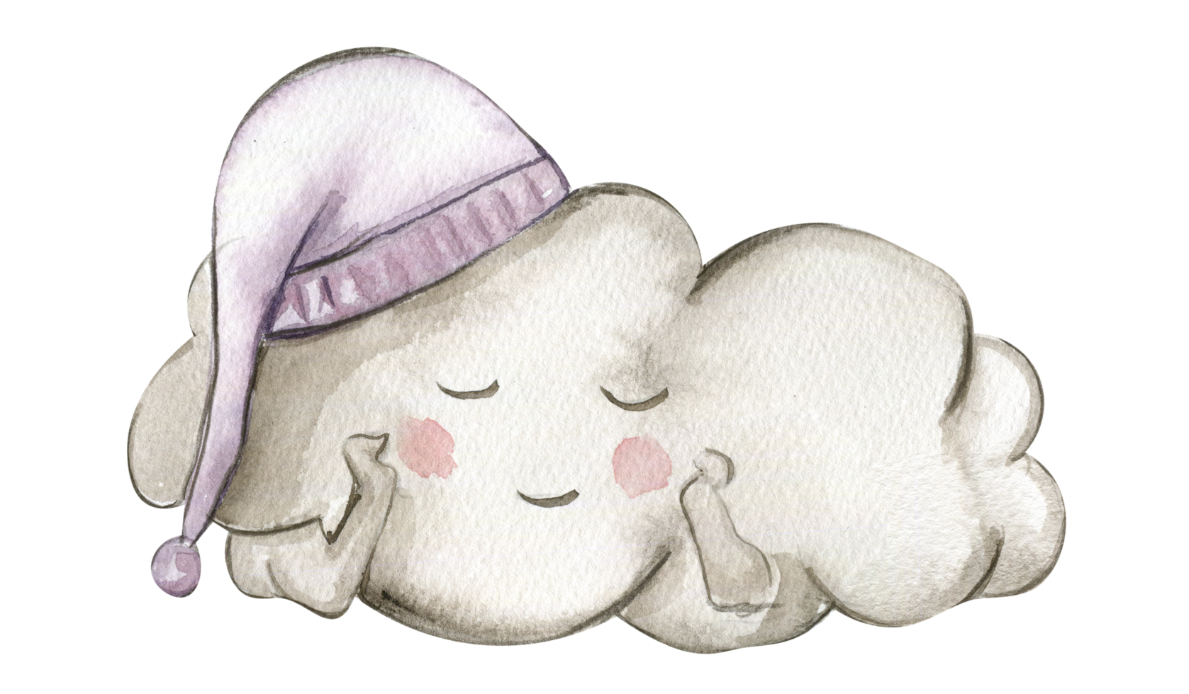 Watercolor hand drawn white sleeping clouds in cartoon style. png