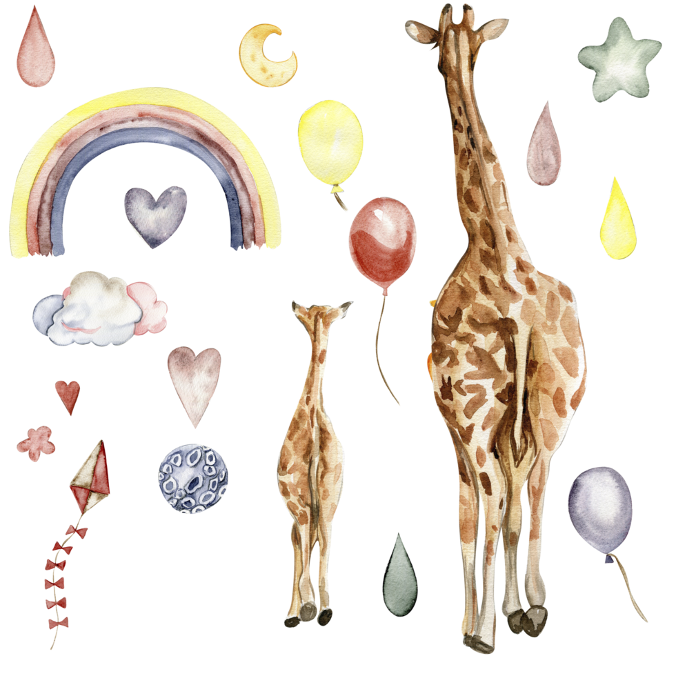 Watecolor hand drawn giraffe illustration and rainbow. png