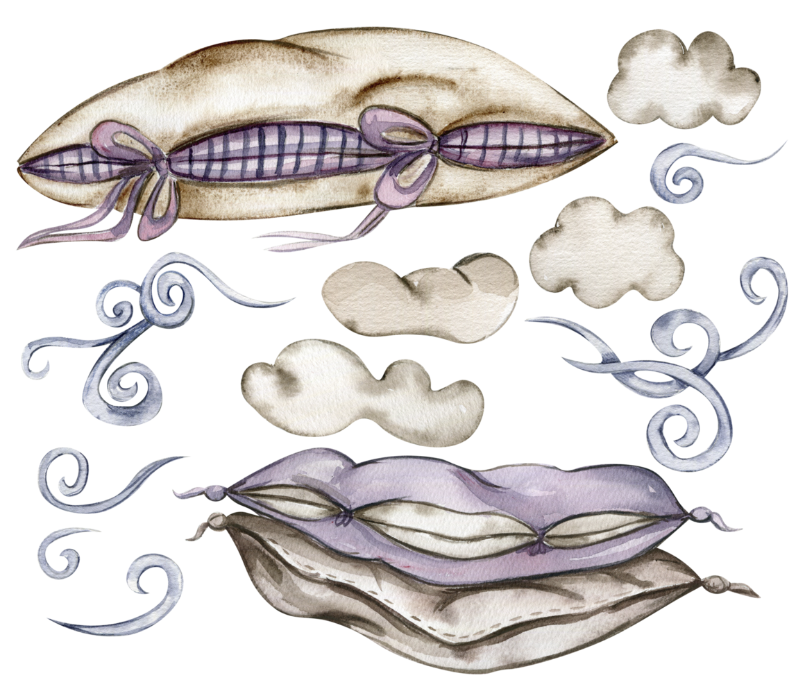 Watercolor hand drawn clouds and soft pillows. png