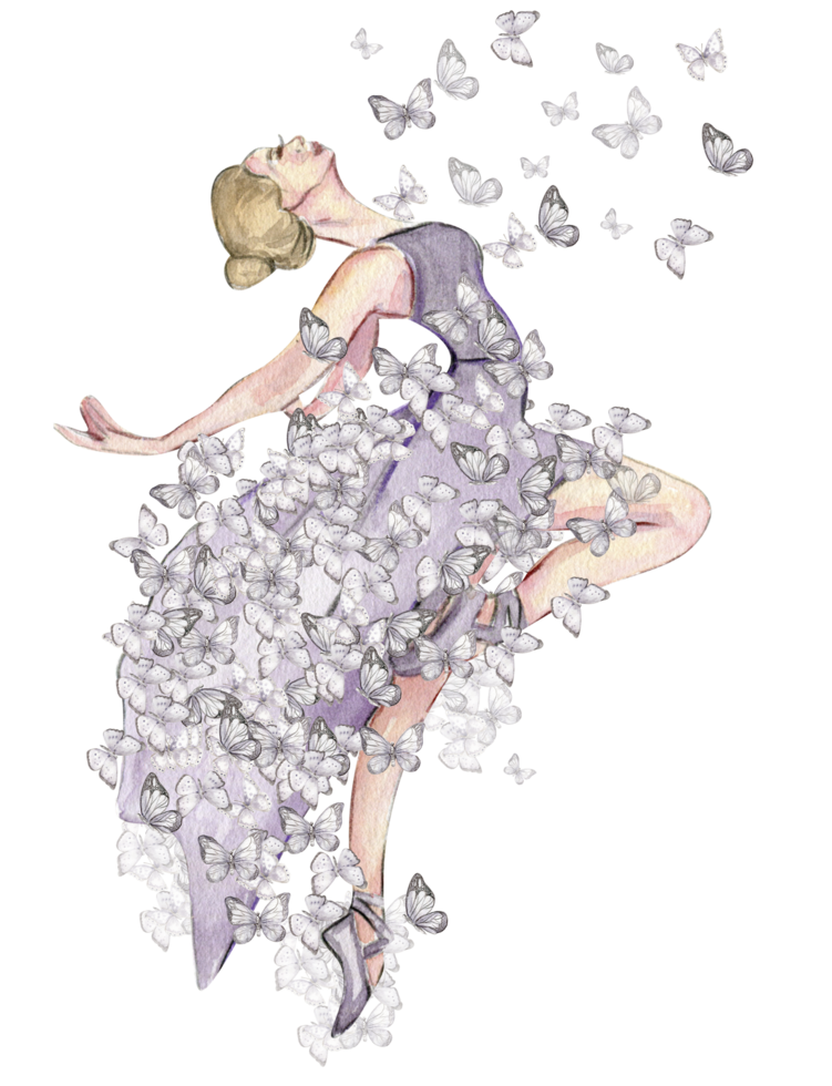 Watercolor dancing ballerina with butterfly and magnolia. png