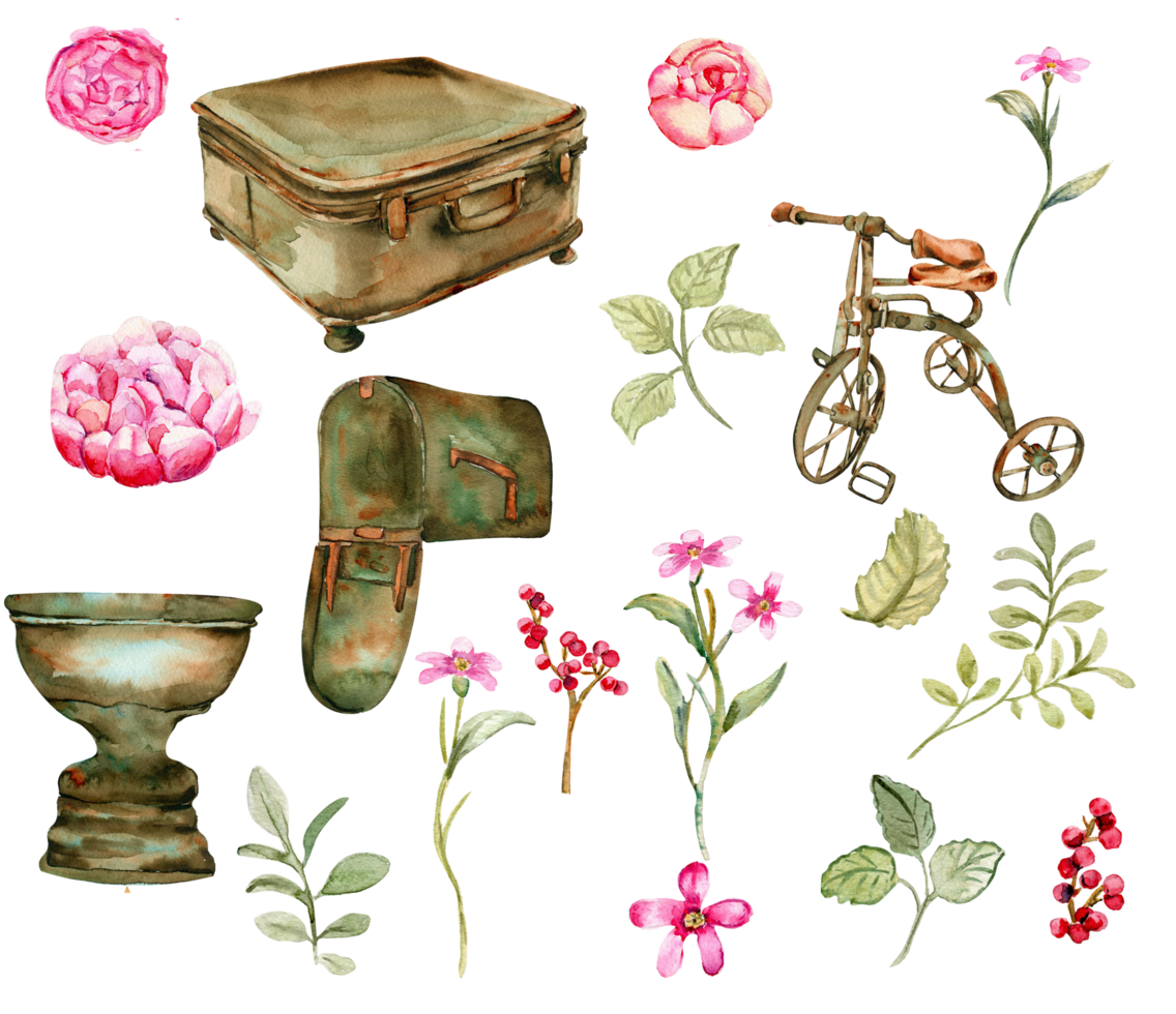 Watercolor illustration of old rusty green elements with pink roses png