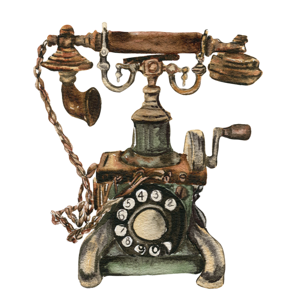 Watercolor illustration of old rusty green telephone.An old rusty enamel element.  Perfect for wedding invitation, greetings card, posters, party decor. png