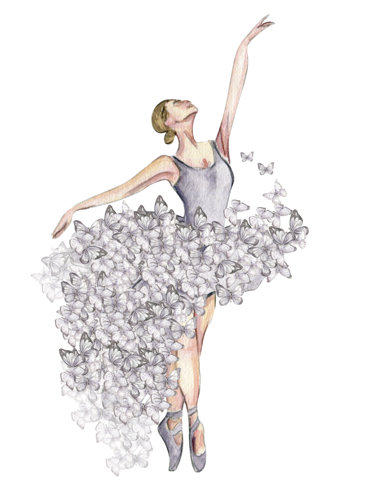 Watercolor dancing ballerina with butterfly and magnolia. png