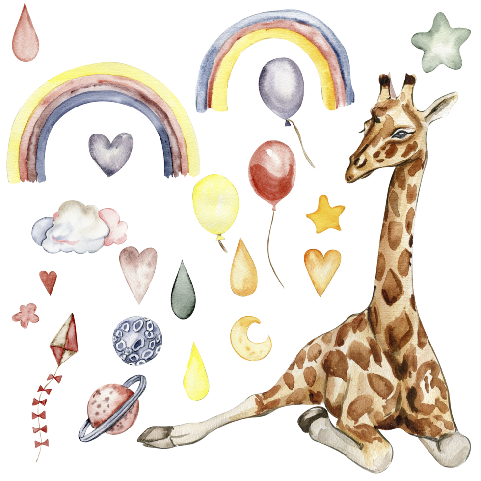 Watecolor hand drawn giraffe illustration and rainbow. png
