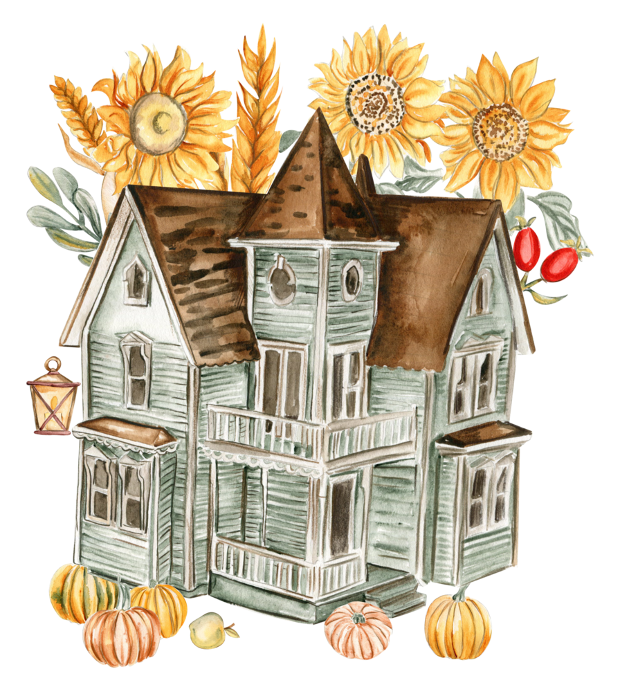 Aquarell Hand gezeichnet Herbst Bauernhof Haus, Kürbisse. Hand gezeichnet Illustration von ein Herbst. png