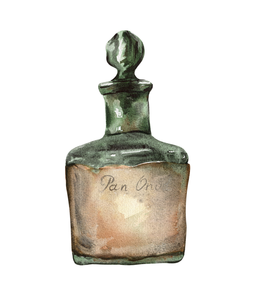 Watercolor illustration of old rusty green bottle. png