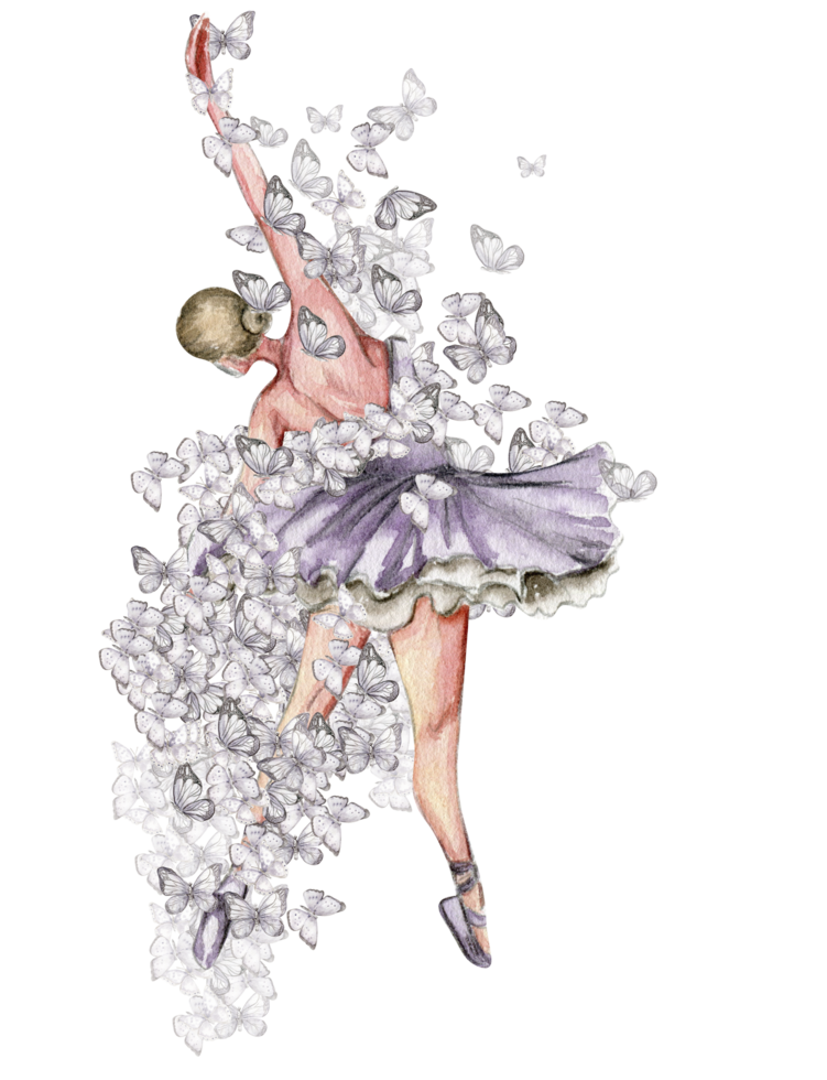 Watercolor dancing ballerina with butterfly and magnolia. png