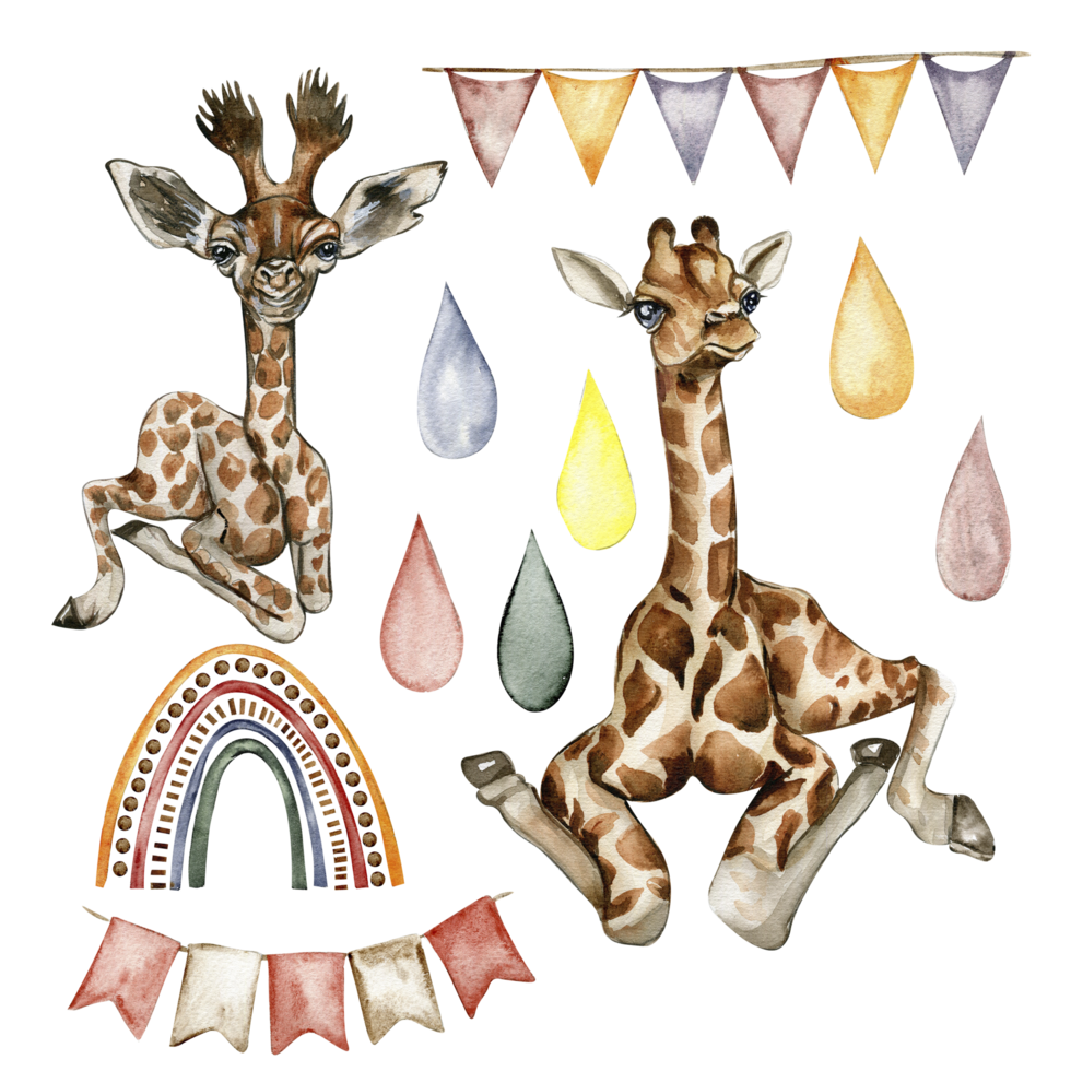 color agua mano dibujado jirafa ilustración y arco iris png