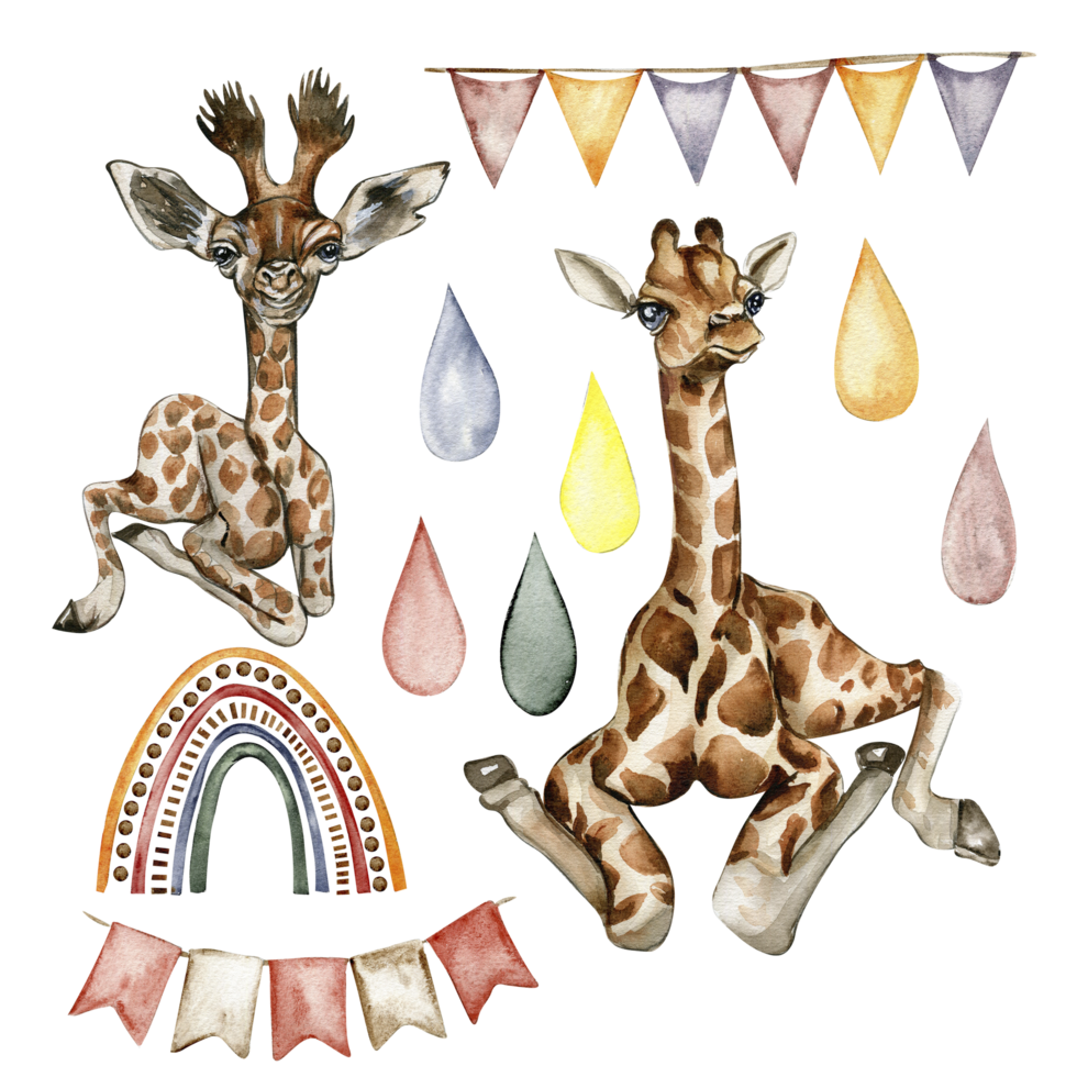 Watecolor hand drawn giraffe illustration and rainbow png