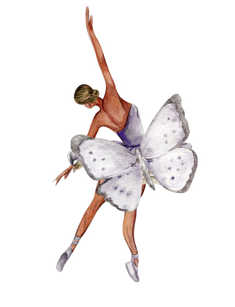 Watercolor dancing ballerina with butterfly and magnolia. png