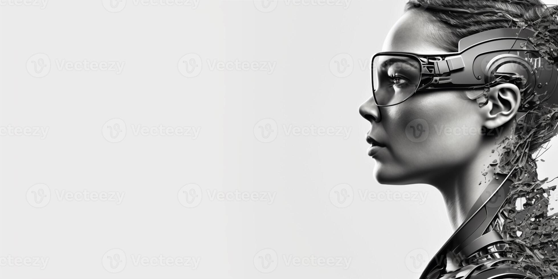 Profile portrait of robot bot ai with connected glasses white background. Synthetic humanoid robot, artificial intelligence.Portrait of gynoid,futuristic cyborg. Banner with space for text, copy space photo