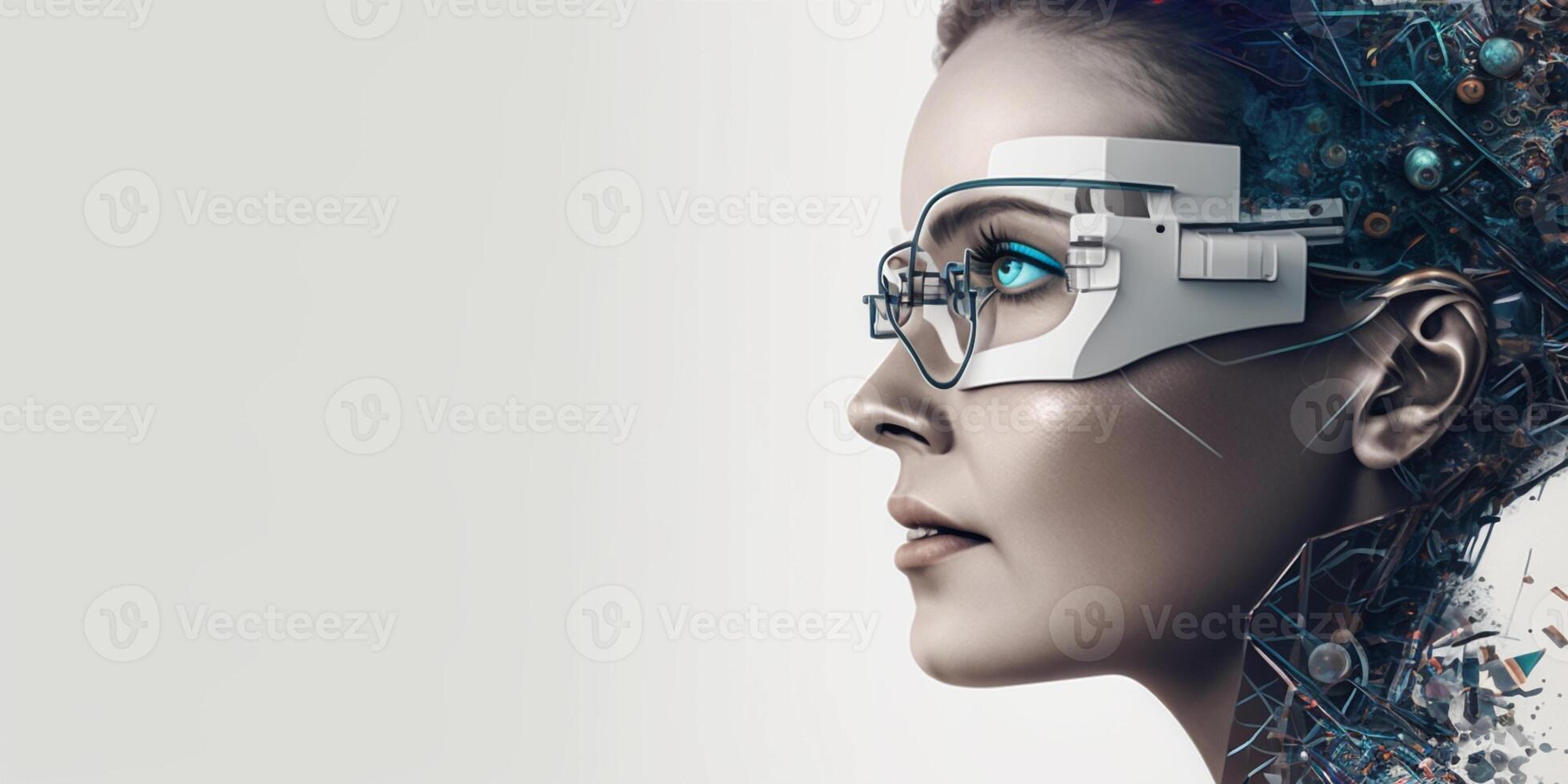 Profile portrait of robot bot ai with connected glasses white background. Synthetic humanoid robot, artificial intelligence.Portrait of gynoid,futuristic cyborg. Banner with space for text, copy space photo