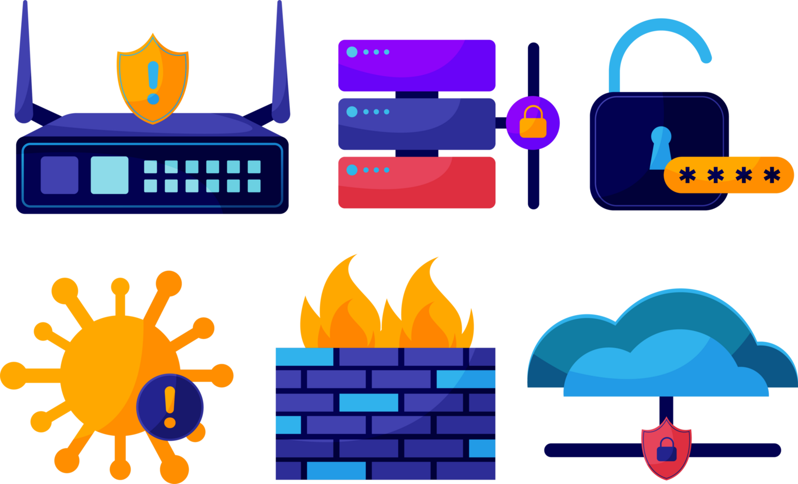 Digital data protection design element set. Cyber security illustration set. Cloud computing network safety concept. png