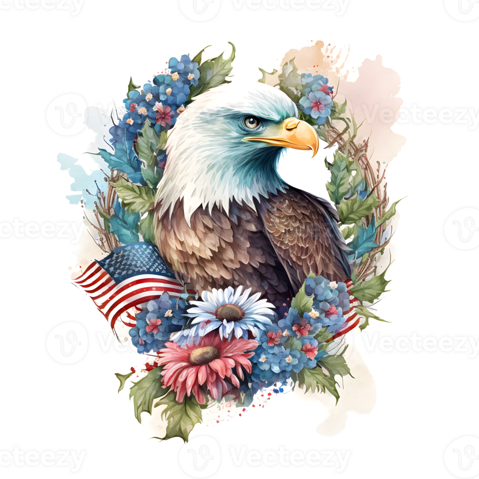 Watercolor illustration of an eagle with a american flag. png