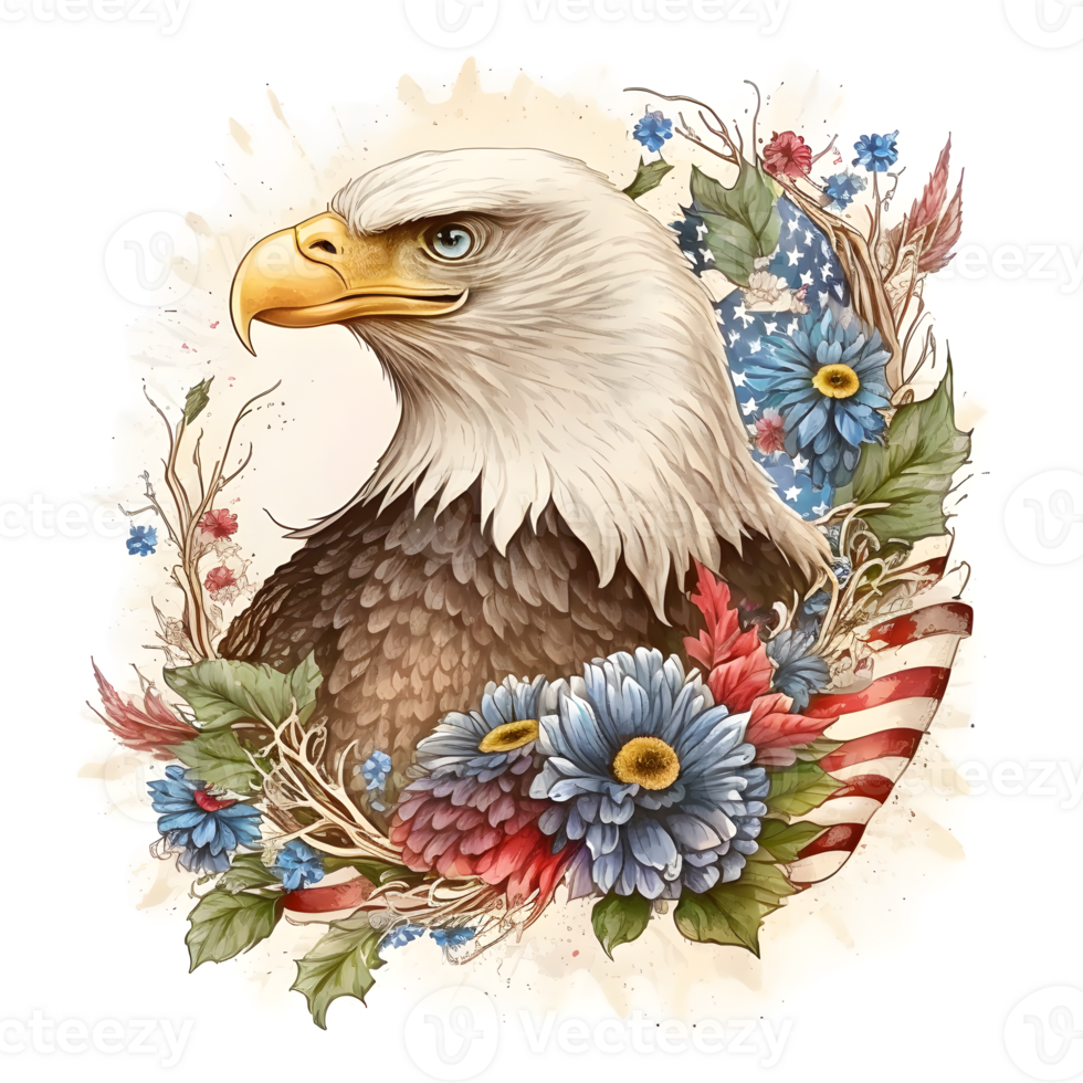 Watercolor illustration of an eagle with a american flag. png