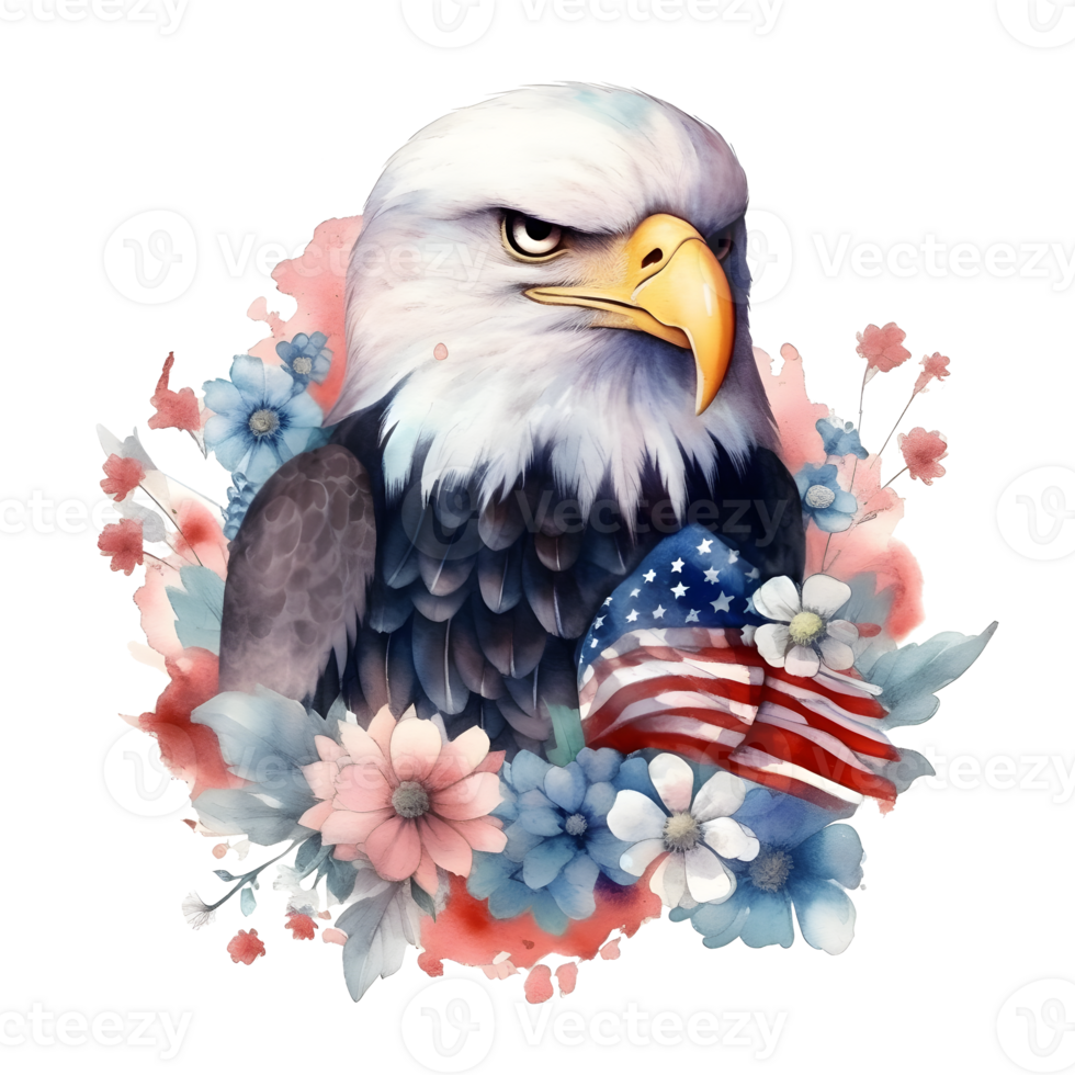 vattenfärg illustration av ett Örn med en amerikan flagga. generativ ai png