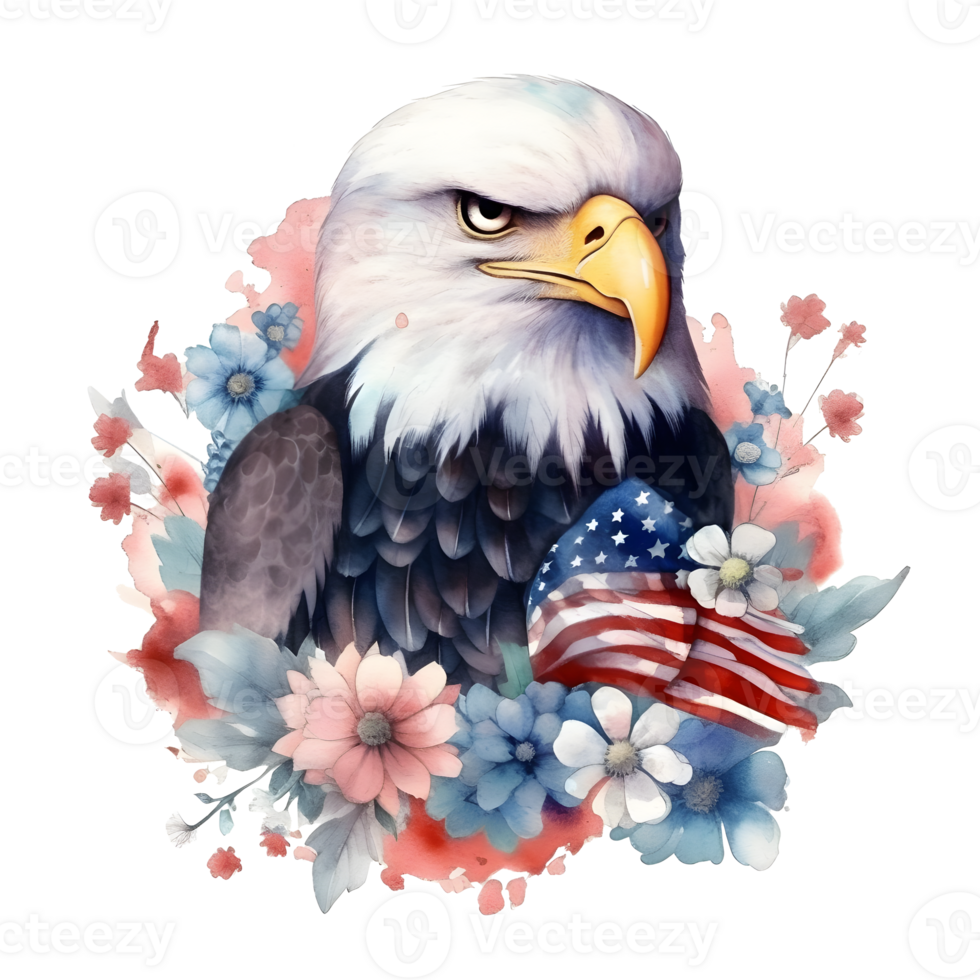 Watercolor illustration of an eagle with a american flag. png