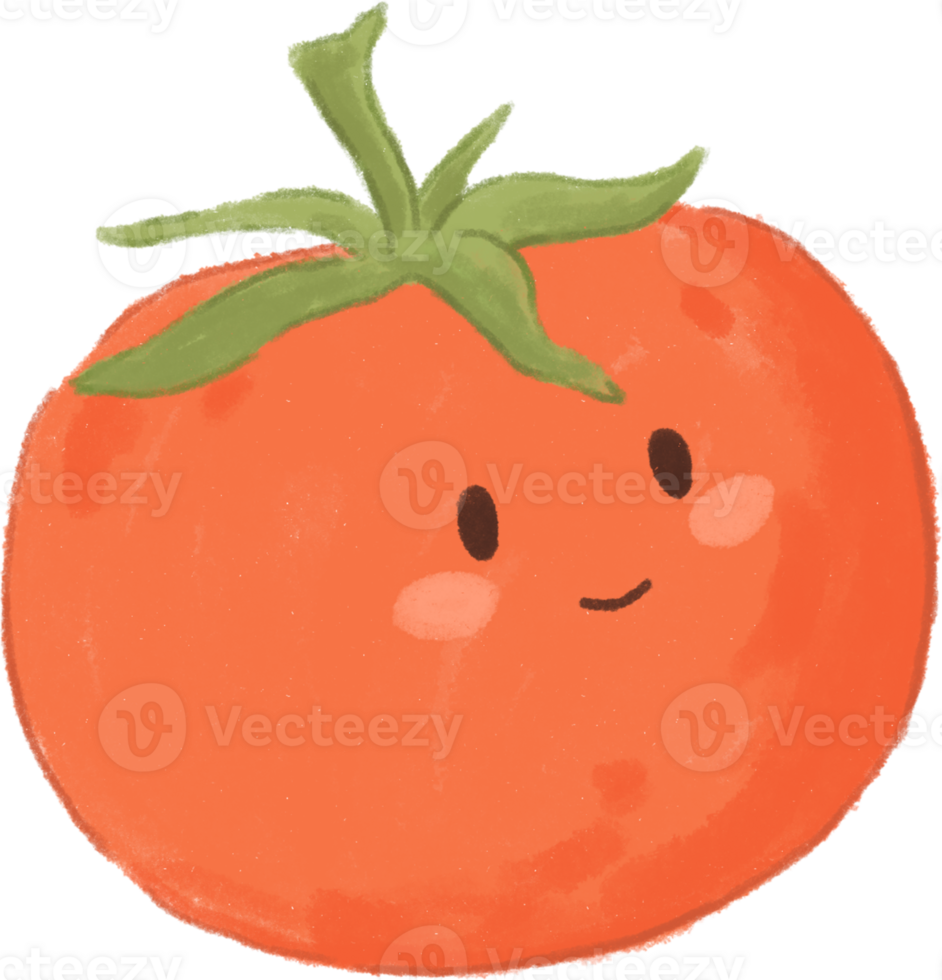 Cute and funny cartoon tomato vegetable characters clipart with face emoticon in hand drawn crayons for decoration. png