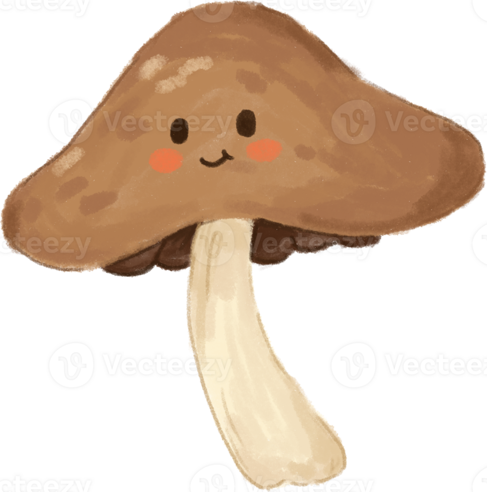 Cute and funny cartoon mushroom vegetable characters clipart with face emoticon in hand drawn crayons for decoration. png
