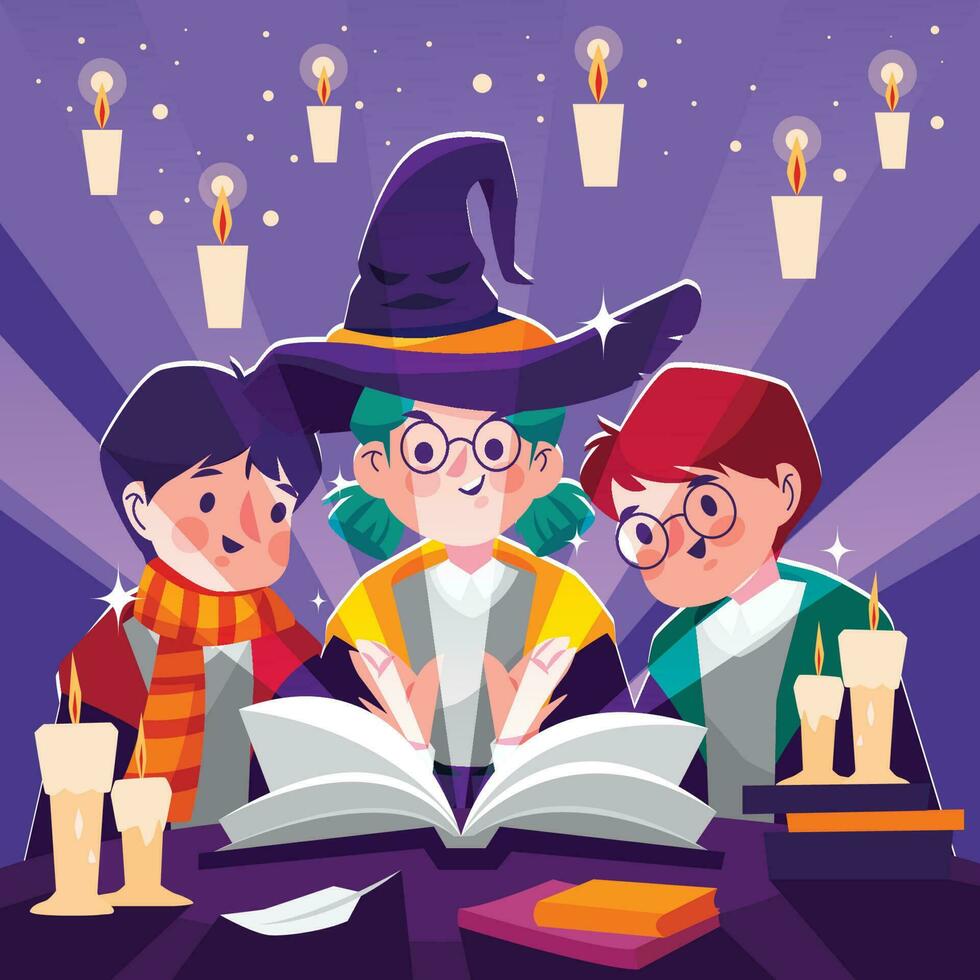 Three Young Wizard with Magic Book vector