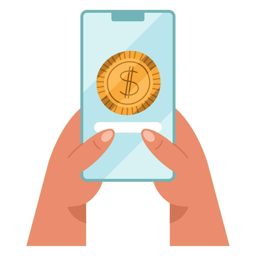 hands using smartphone with coin icon vector