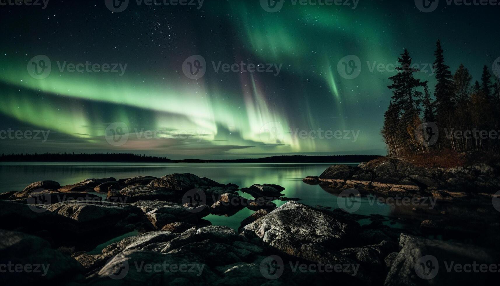 Icy mountain range illuminated by colorful aurora generated by AI photo