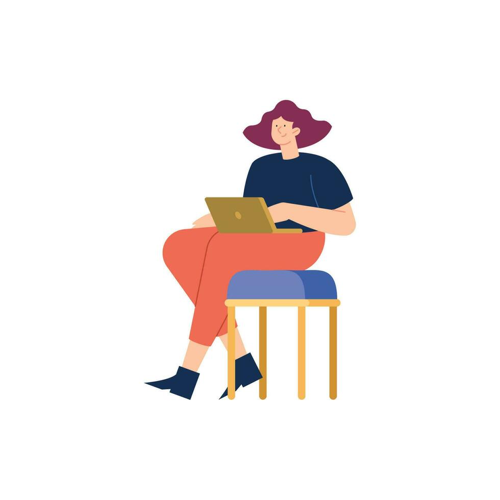 woman seated using laptop character vector