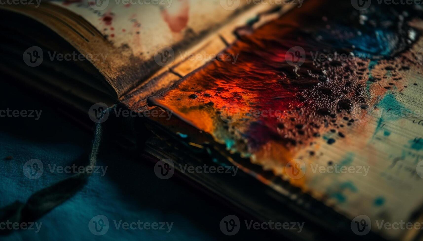 Old book on table, paper stained yellow generated by AI photo