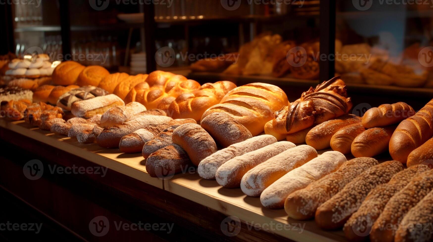 bread display in a bakery with a large selection of fresh fragrant bread, photo