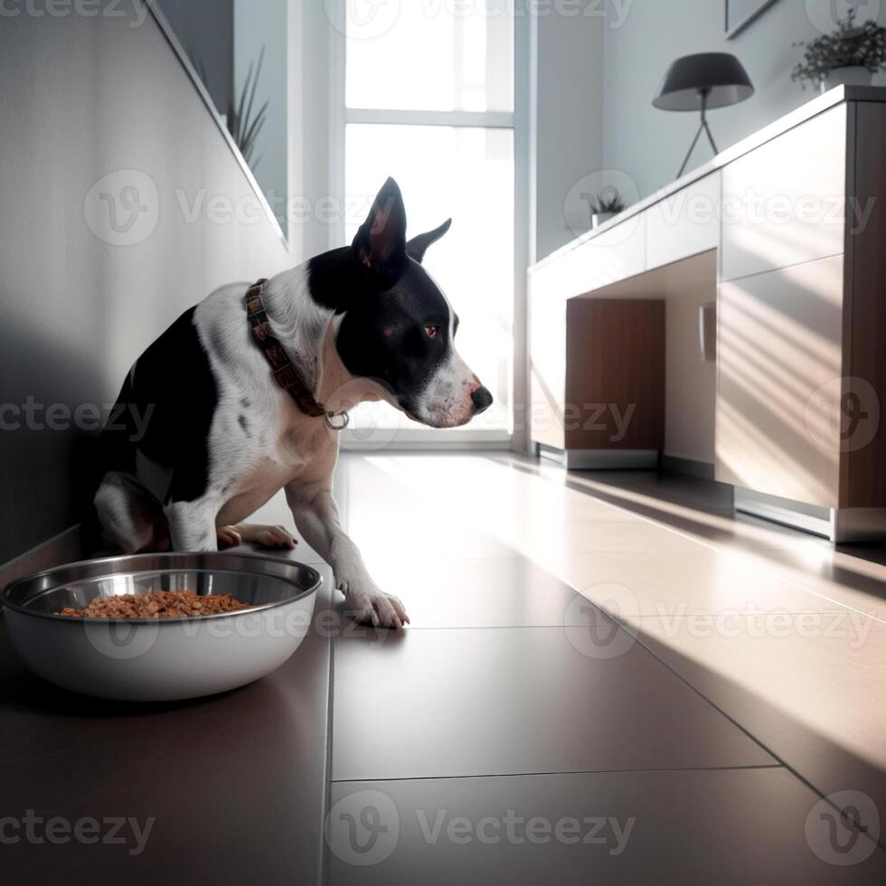 pet diseases, sad dog sits next to a full bowl of food, at home, photo