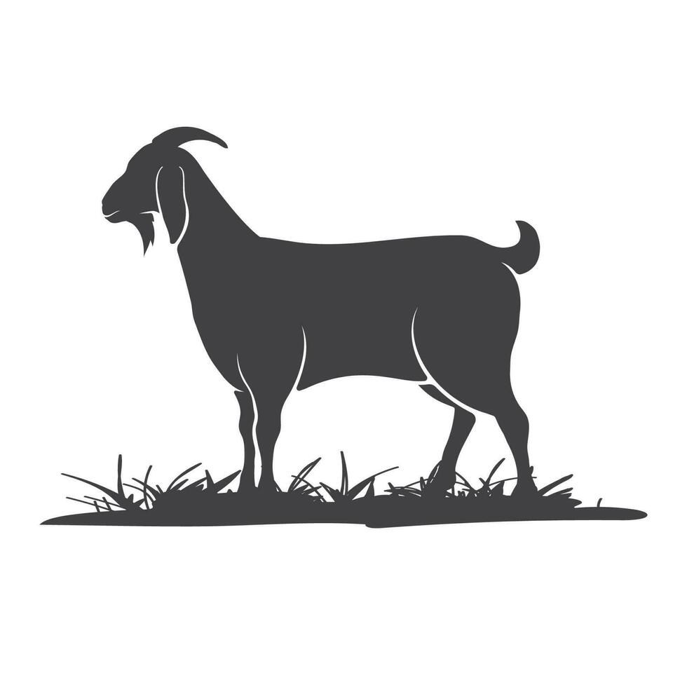 Goat vector icon silhouette. Goat side view in the grass. Farm goat animal logo design. Vector illustration. Vector illustration