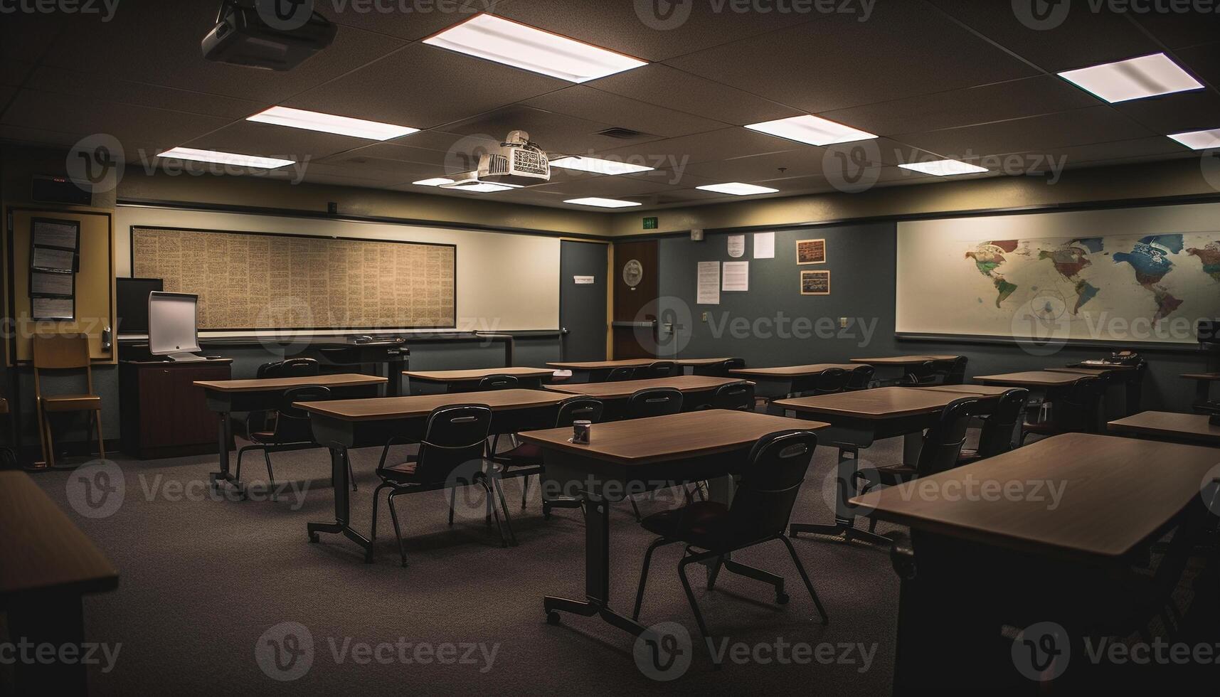 moderno salón de clases con vacío escritorios y sillas generado por ai foto