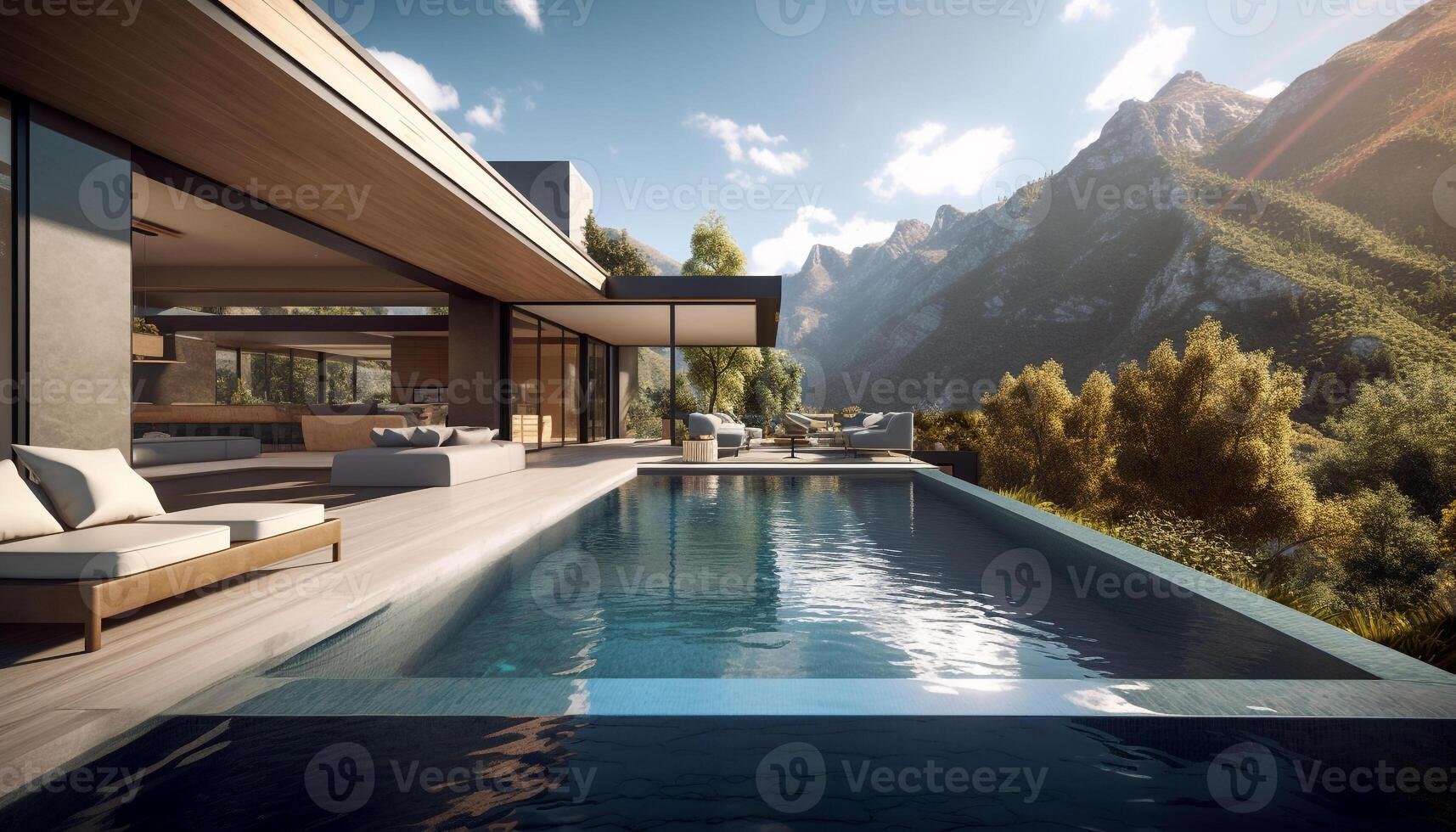 lujo al aire libre piscina diseño con moderno arquitectura generado por ai foto